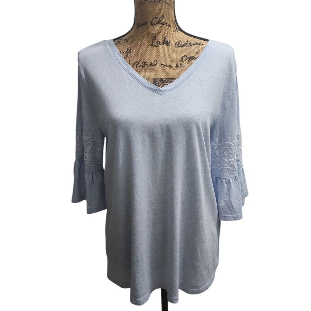 J.‎ Jill Light Blue Cotton Modal V-Neck Top with Embroidered Bell Sleeves